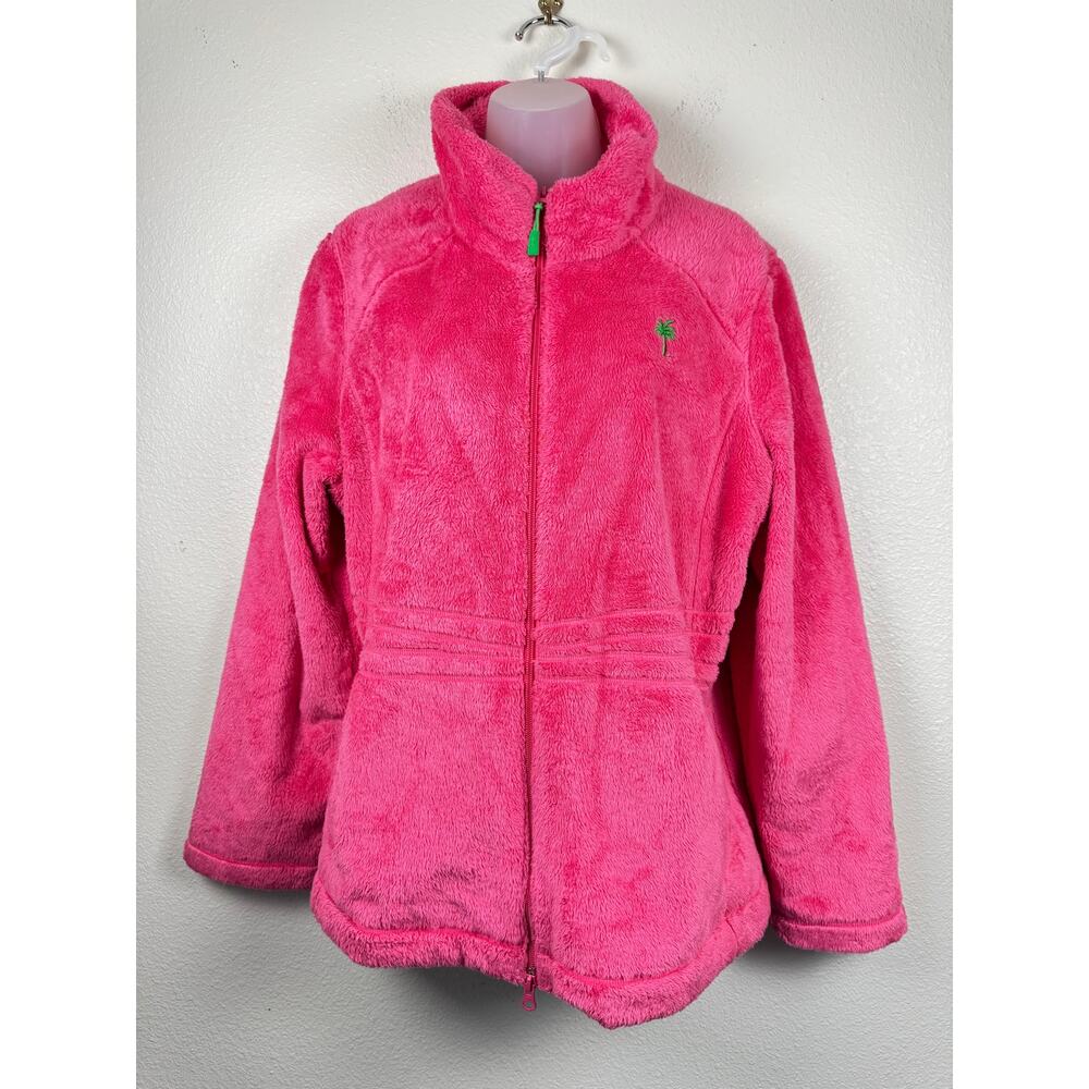 Lilly Pulitzer Hot Pink Plush Fleece Zip Jacket Women’s XL Palm Tree Cozy Soft